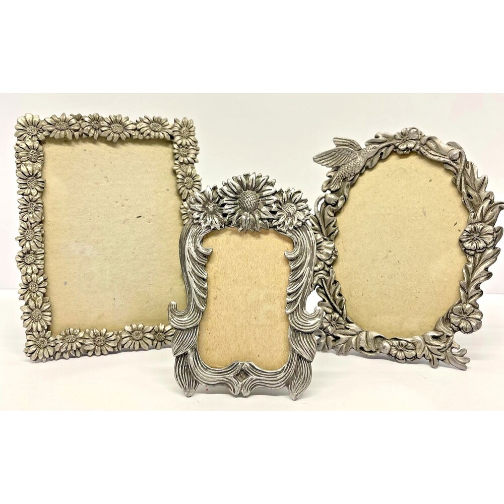 Set of 3 Pewter Tone Floral Picture Frames–SUN & Oval Hummingbird-Cottage decor